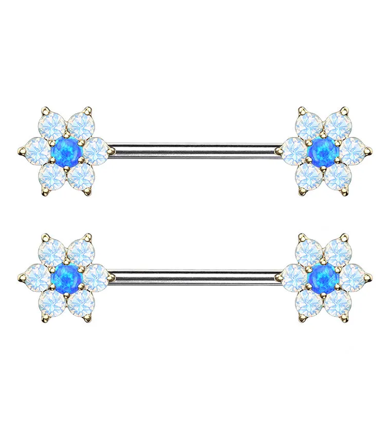 14G Blue & White Opalite Flower Gold Flower Nipple Ring Barbell