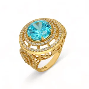 14K Yellow Gold Circle Ring with Blue Stone and CZ