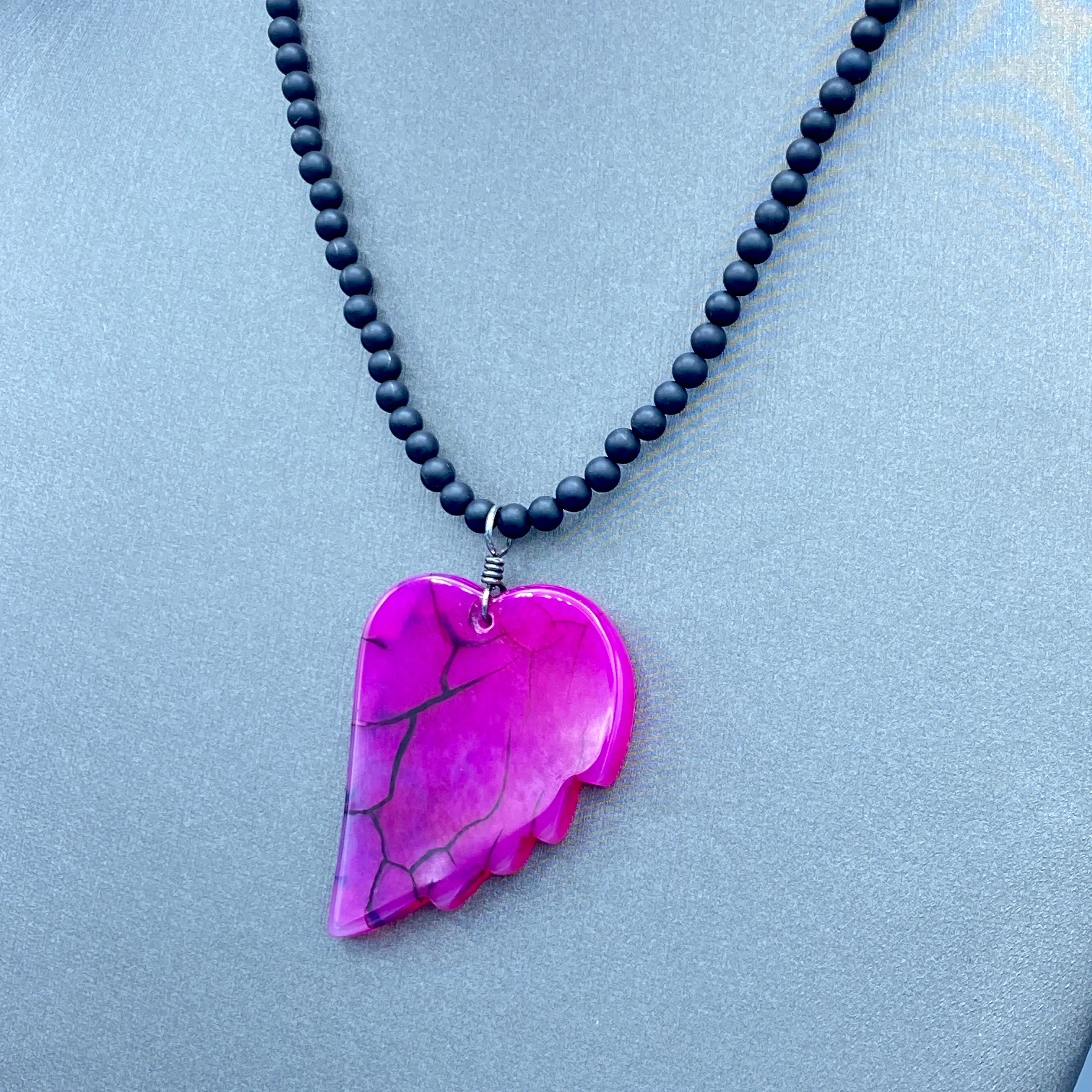 Agate Gemstone Heart Pendant on Beaded Matte Onyx w/ Sterling Silver Clasp