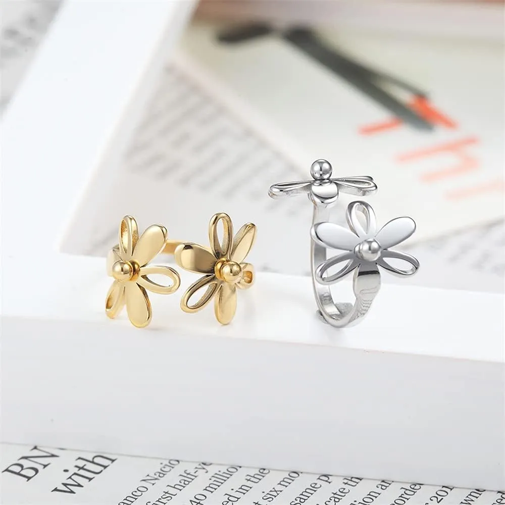 Asymmetric Sunflower Stainless Steel Wrap Open Rings for Women Cute Daisy Flowers Adjustable Statement Promise Engagement Finger Knuckle Rings Fashion Dainty Expandable Rings Christmas Thanksgiving Day Gifts