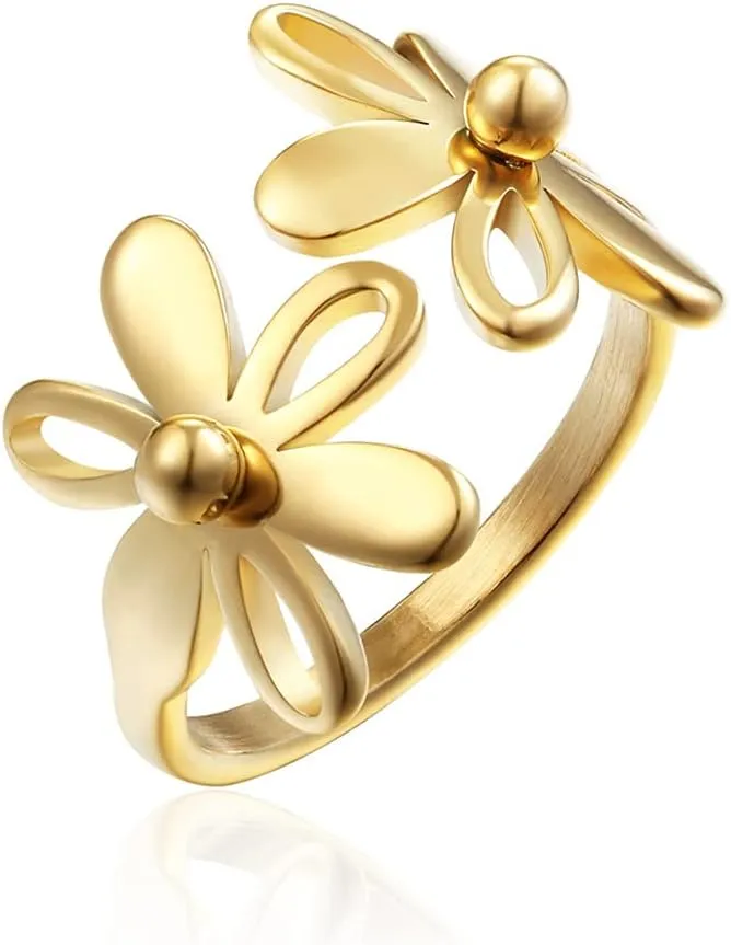 Asymmetric Sunflower Stainless Steel Wrap Open Rings for Women Cute Daisy Flowers Adjustable Statement Promise Engagement Finger Knuckle Rings Fashion Dainty Expandable Rings Christmas Thanksgiving Day Gifts