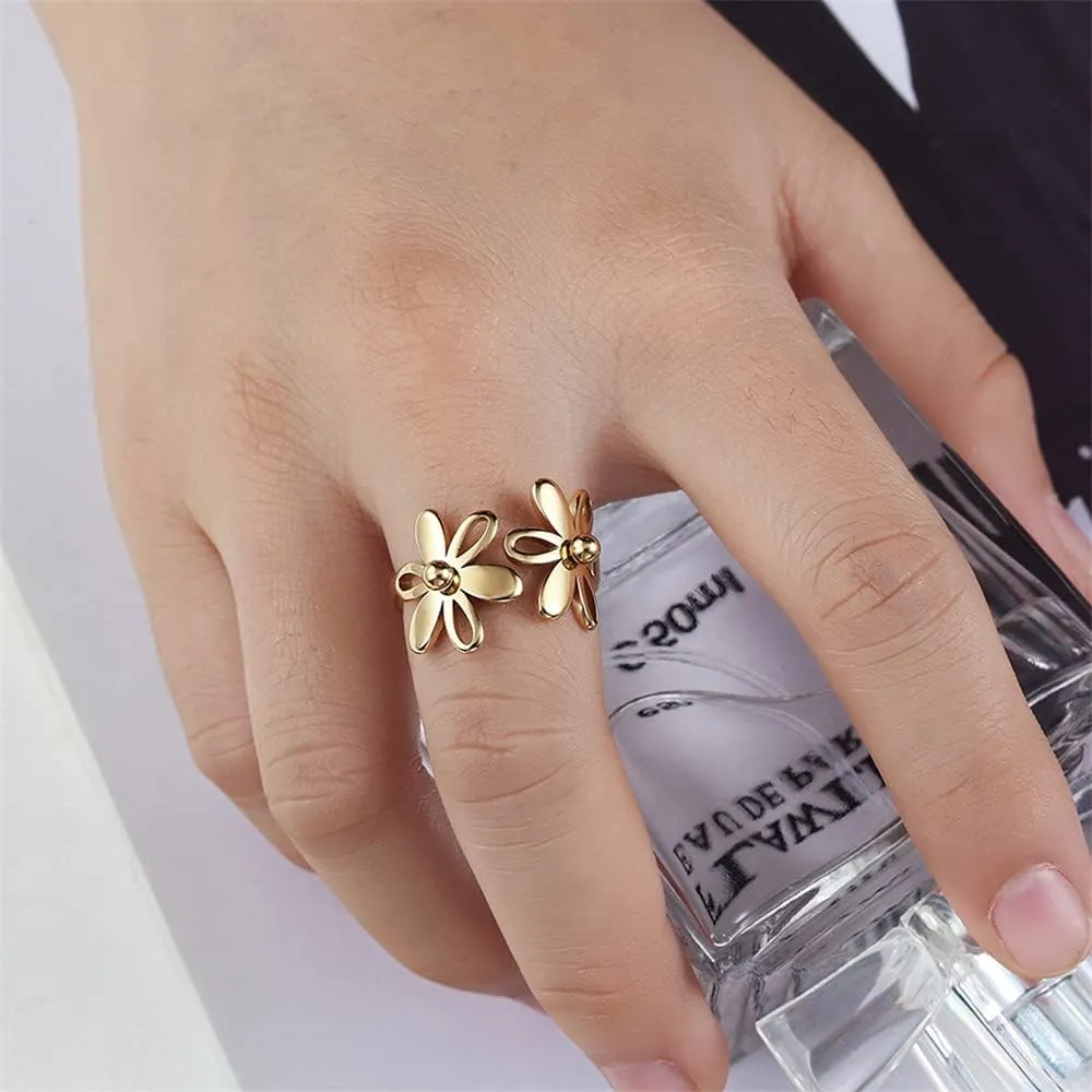 Asymmetric Sunflower Stainless Steel Wrap Open Rings for Women Cute Daisy Flowers Adjustable Statement Promise Engagement Finger Knuckle Rings Fashion Dainty Expandable Rings Christmas Thanksgiving Day Gifts