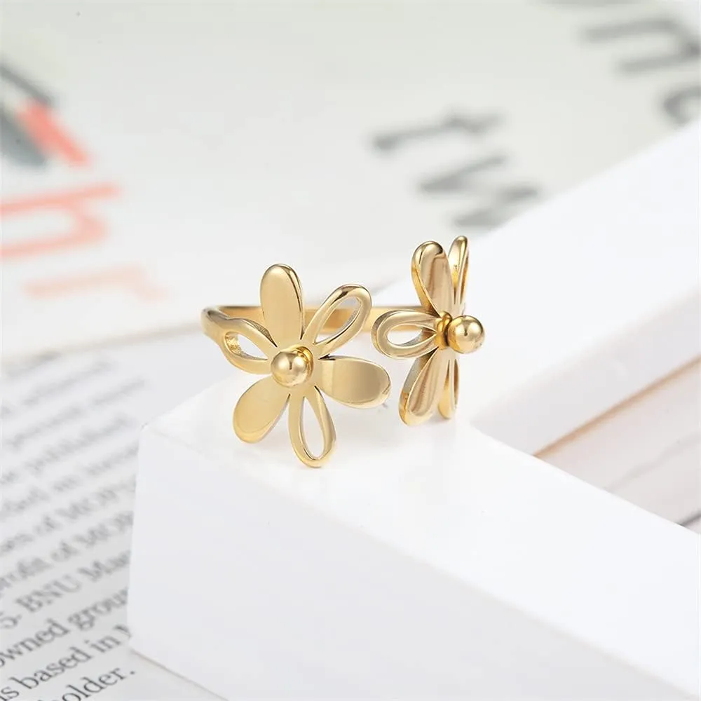 Asymmetric Sunflower Stainless Steel Wrap Open Rings for Women Cute Daisy Flowers Adjustable Statement Promise Engagement Finger Knuckle Rings Fashion Dainty Expandable Rings Christmas Thanksgiving Day Gifts