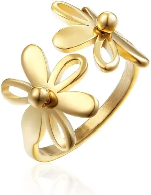 Asymmetric Sunflower Stainless Steel Wrap Open Rings for Women Cute Daisy Flowers Adjustable Statement Promise Engagement Finger Knuckle Rings Fashion Dainty Expandable Rings Christmas Thanksgiving Day Gifts