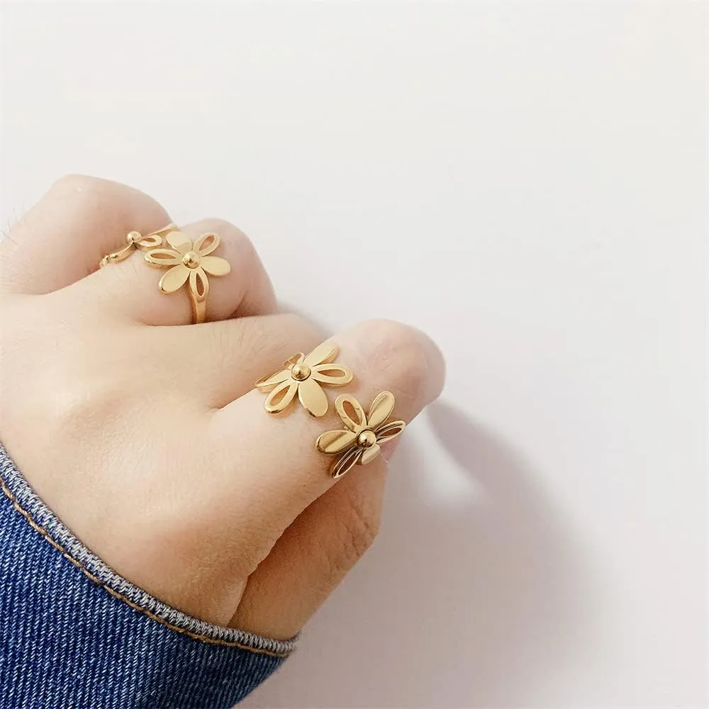 Asymmetric Sunflower Stainless Steel Wrap Open Rings for Women Cute Daisy Flowers Adjustable Statement Promise Engagement Finger Knuckle Rings Fashion Dainty Expandable Rings Christmas Thanksgiving Day Gifts