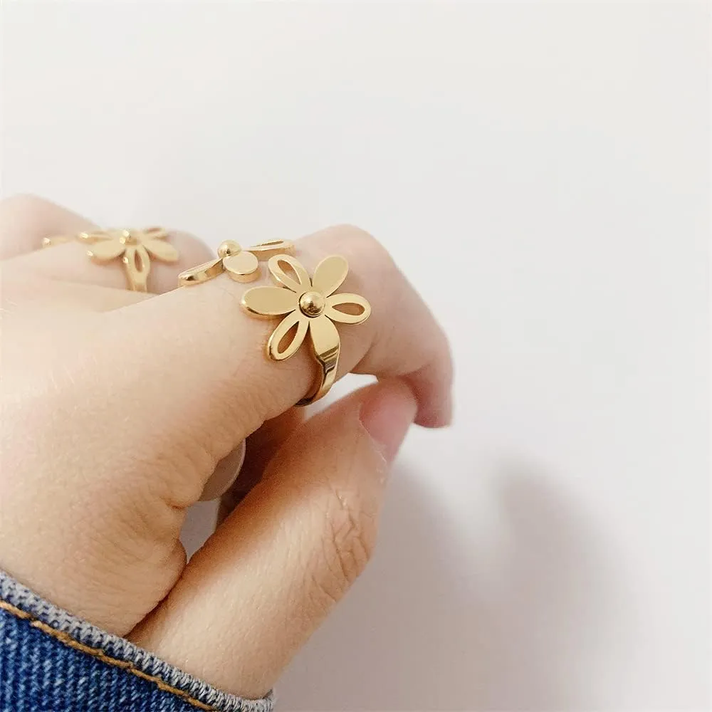 Asymmetric Sunflower Stainless Steel Wrap Open Rings for Women Cute Daisy Flowers Adjustable Statement Promise Engagement Finger Knuckle Rings Fashion Dainty Expandable Rings Christmas Thanksgiving Day Gifts