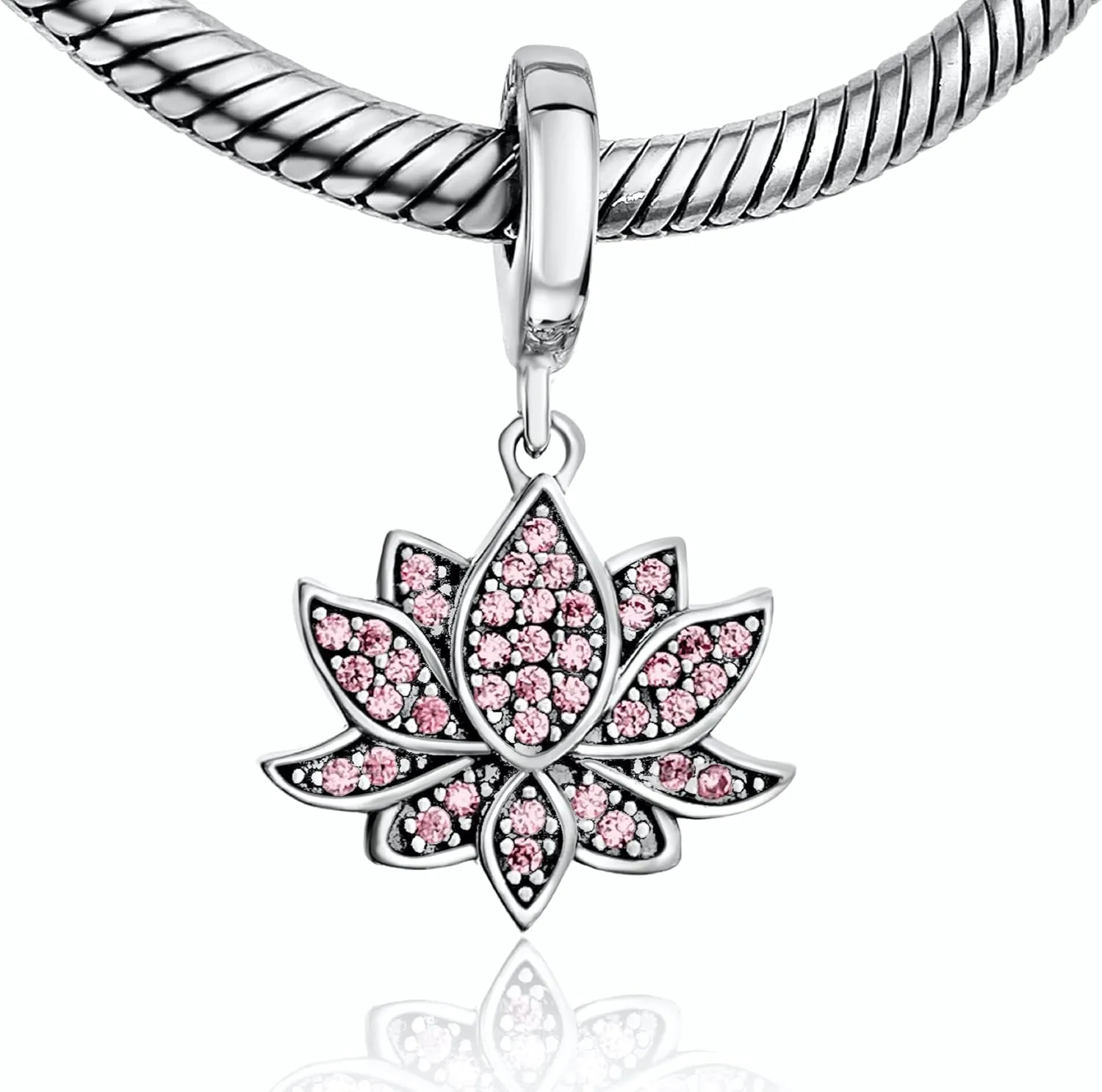 BOLENVI Dazzling Pink Lotus Yoga Yogi Buddhism 925 Sterling Silver Pendant Charm Bead For Pandora & Similar Charm Bracelets or Necklaces