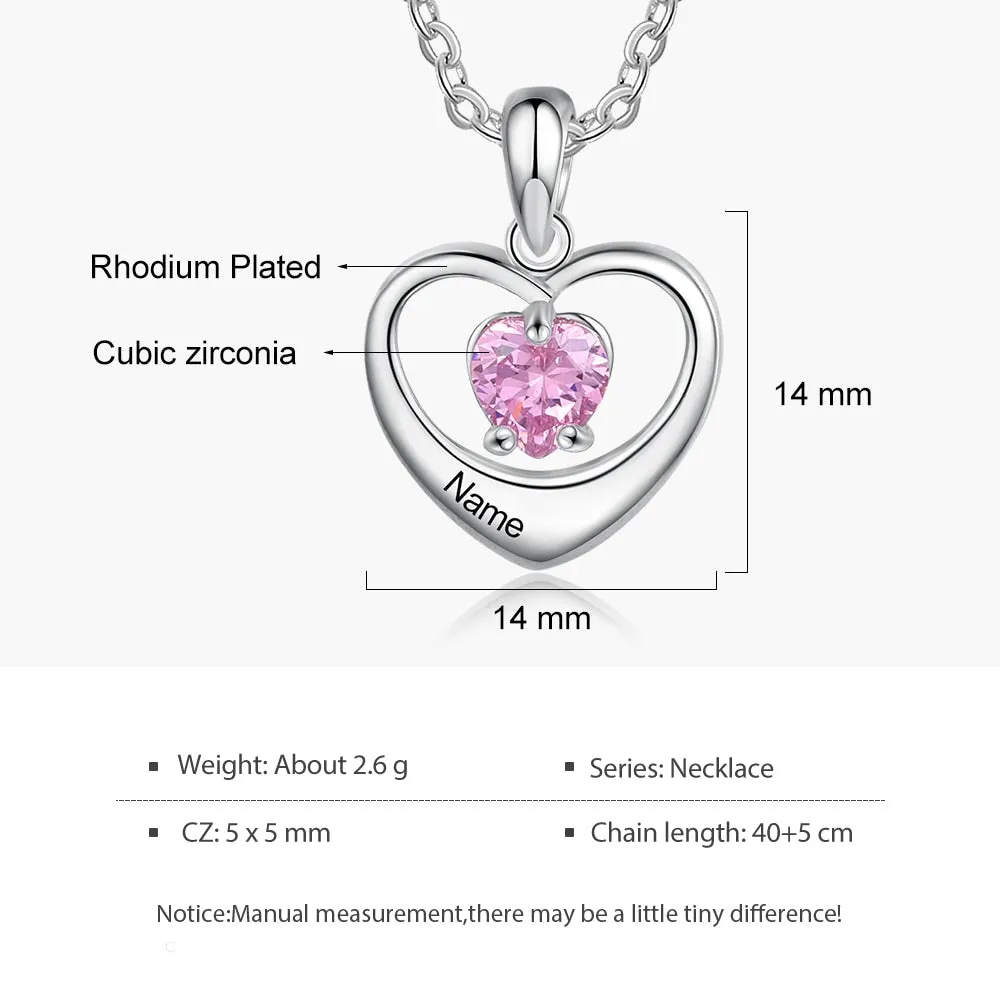 Customized Heart Necklace with Inlaid Birthstone Personalized Name Engraving Heart Pendant Jewelry Gifts for Girlfriend