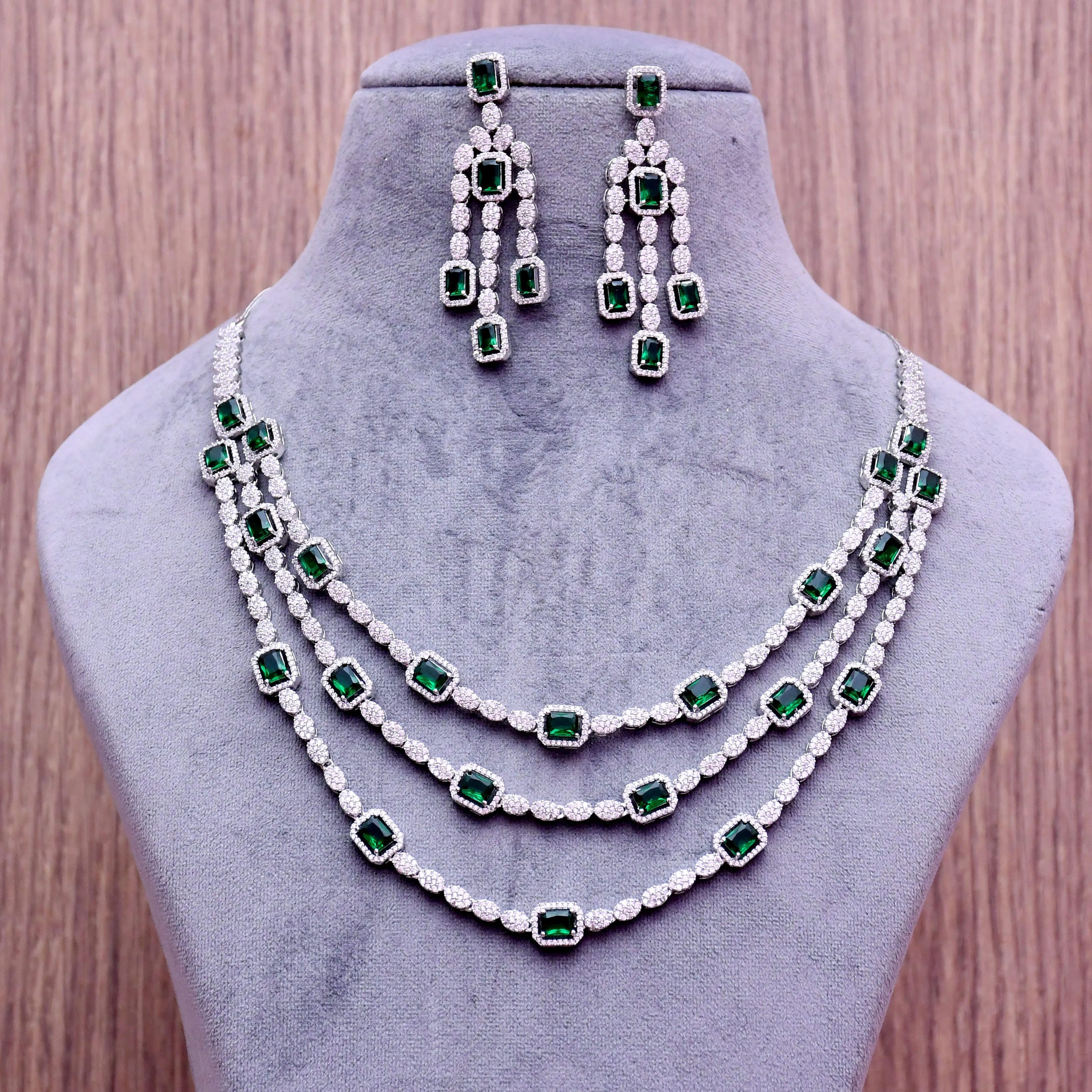 Designer Semi-Precious American Diamond & Emerald Necklace with Earrings (D661)