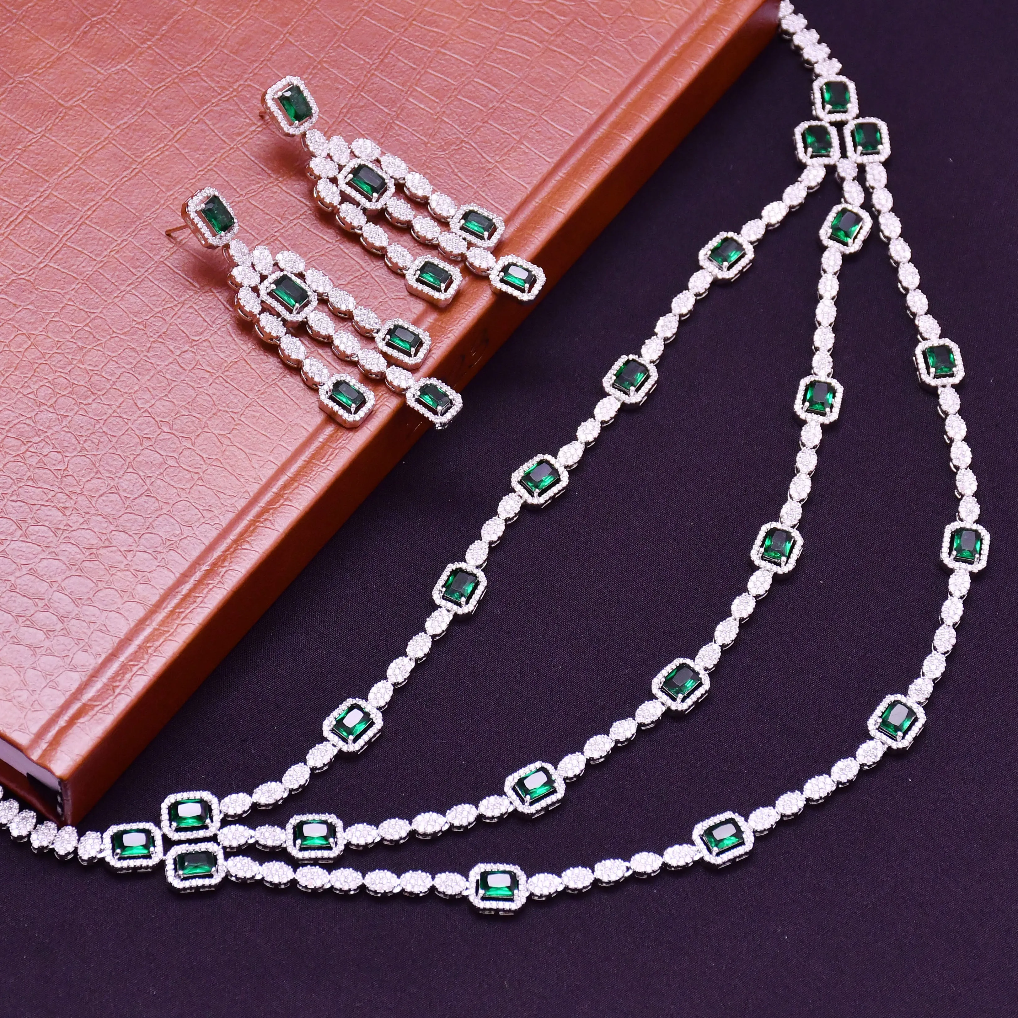 Designer Semi-Precious American Diamond & Emerald Necklace with Earrings (D661)