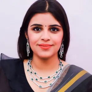 Designer Semi-Precious American Diamond & Emerald Necklace with Earrings (D661)