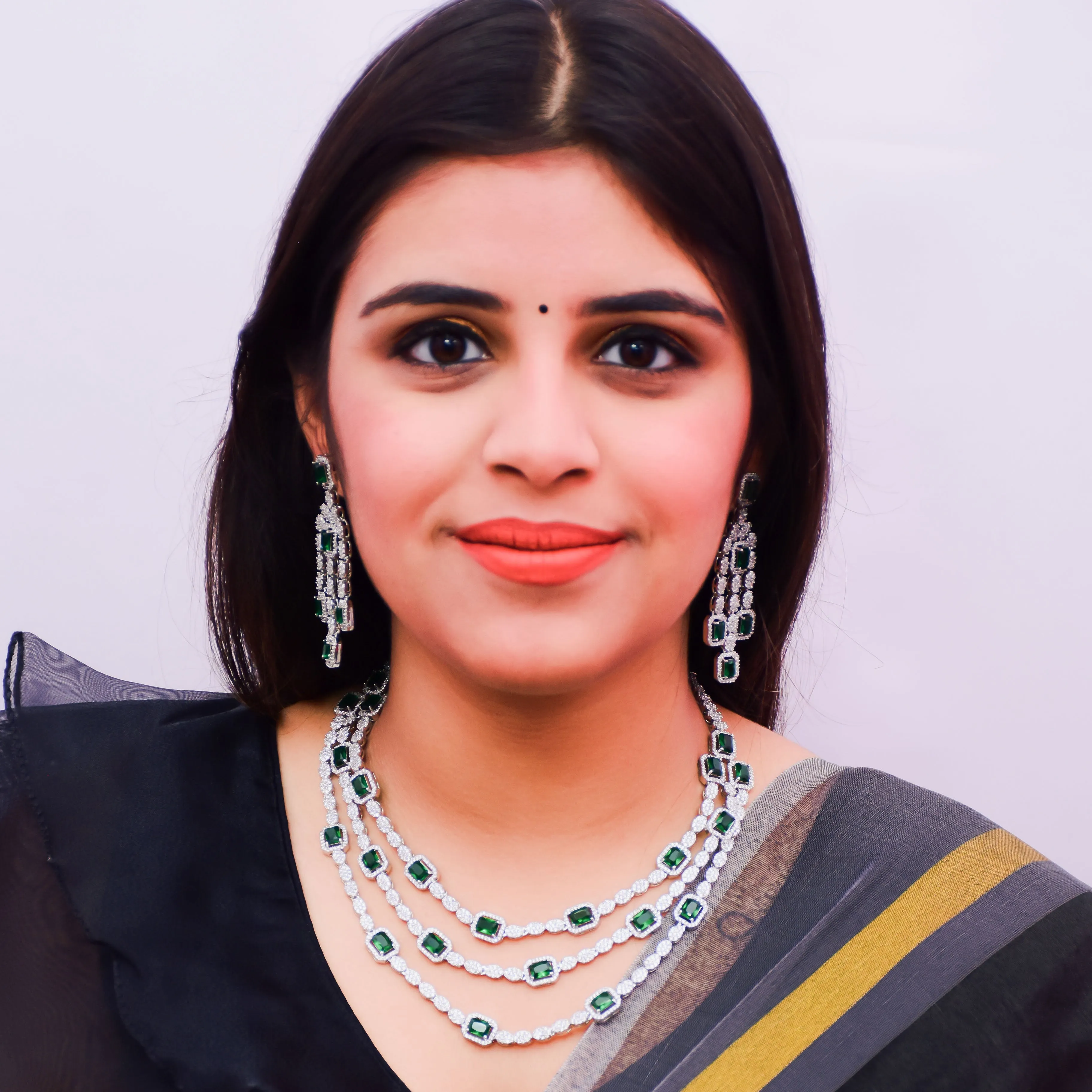 Designer Semi-Precious American Diamond & Emerald Necklace with Earrings (D661)