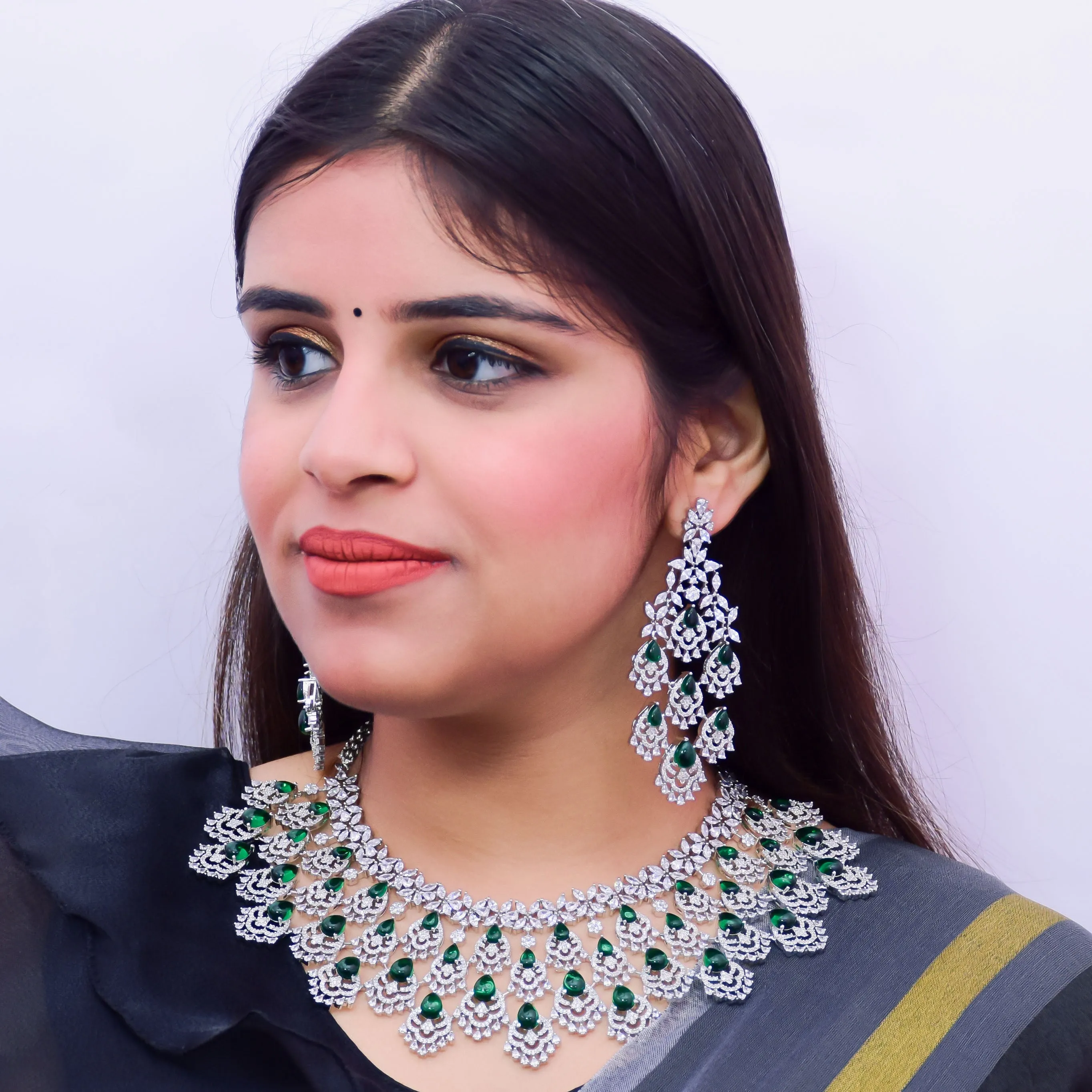 Designer Semi-Precious American Diamond & Emerald Necklace with Earrings (D669)
