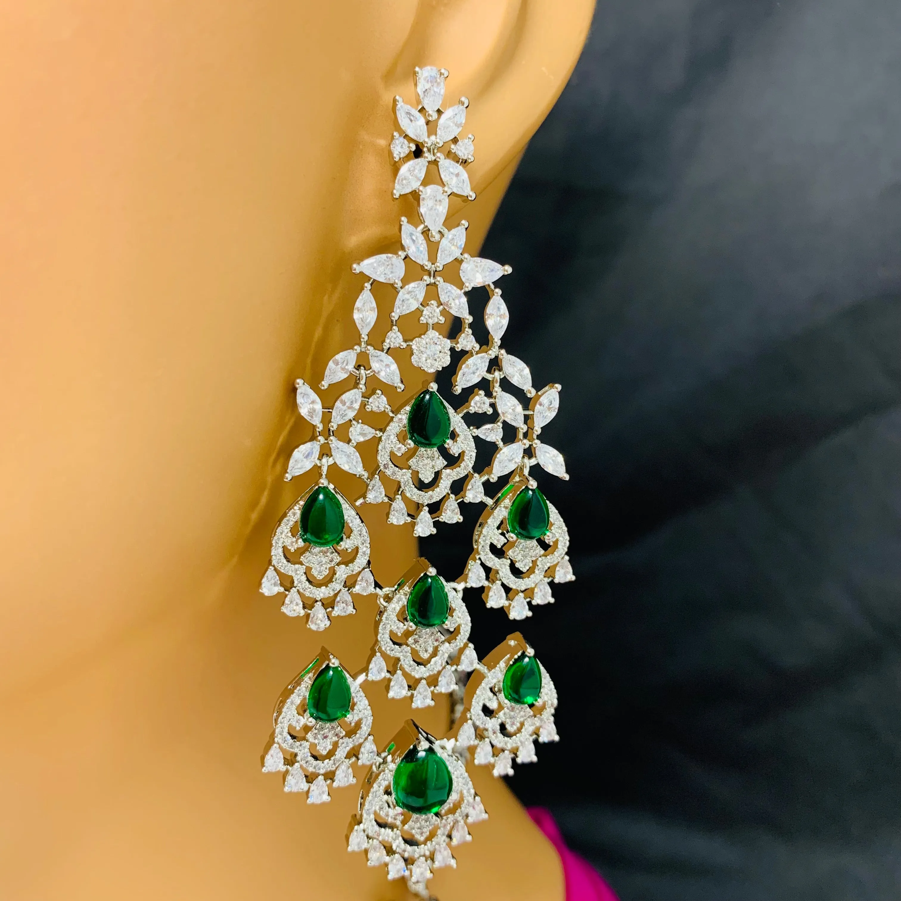 Designer Semi-Precious American Diamond & Emerald Necklace with Earrings (D669)