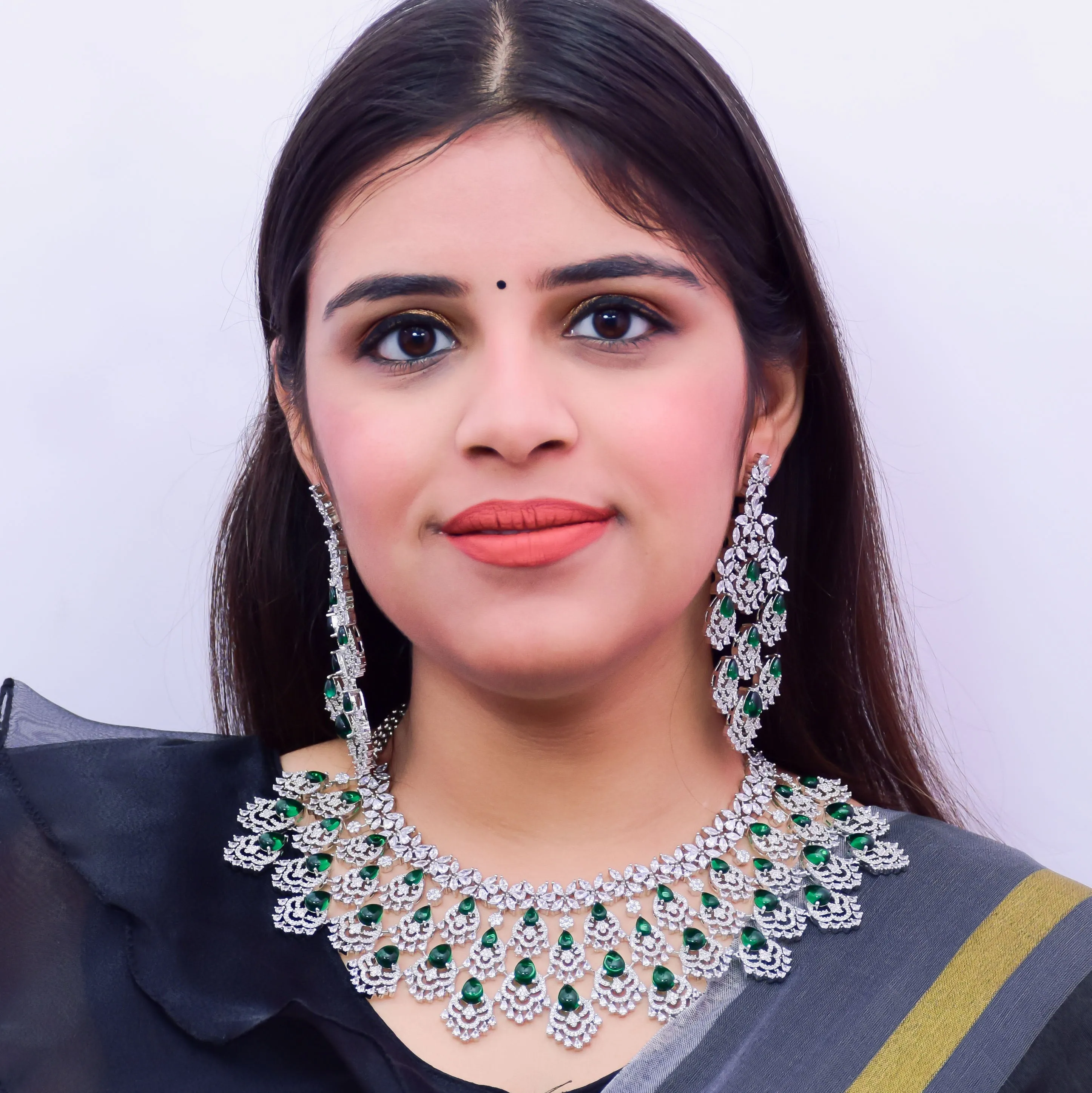 Designer Semi-Precious American Diamond & Emerald Necklace with Earrings (D669)