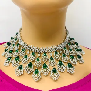 Designer Semi-Precious American Diamond & Emerald Necklace with Earrings (D669)