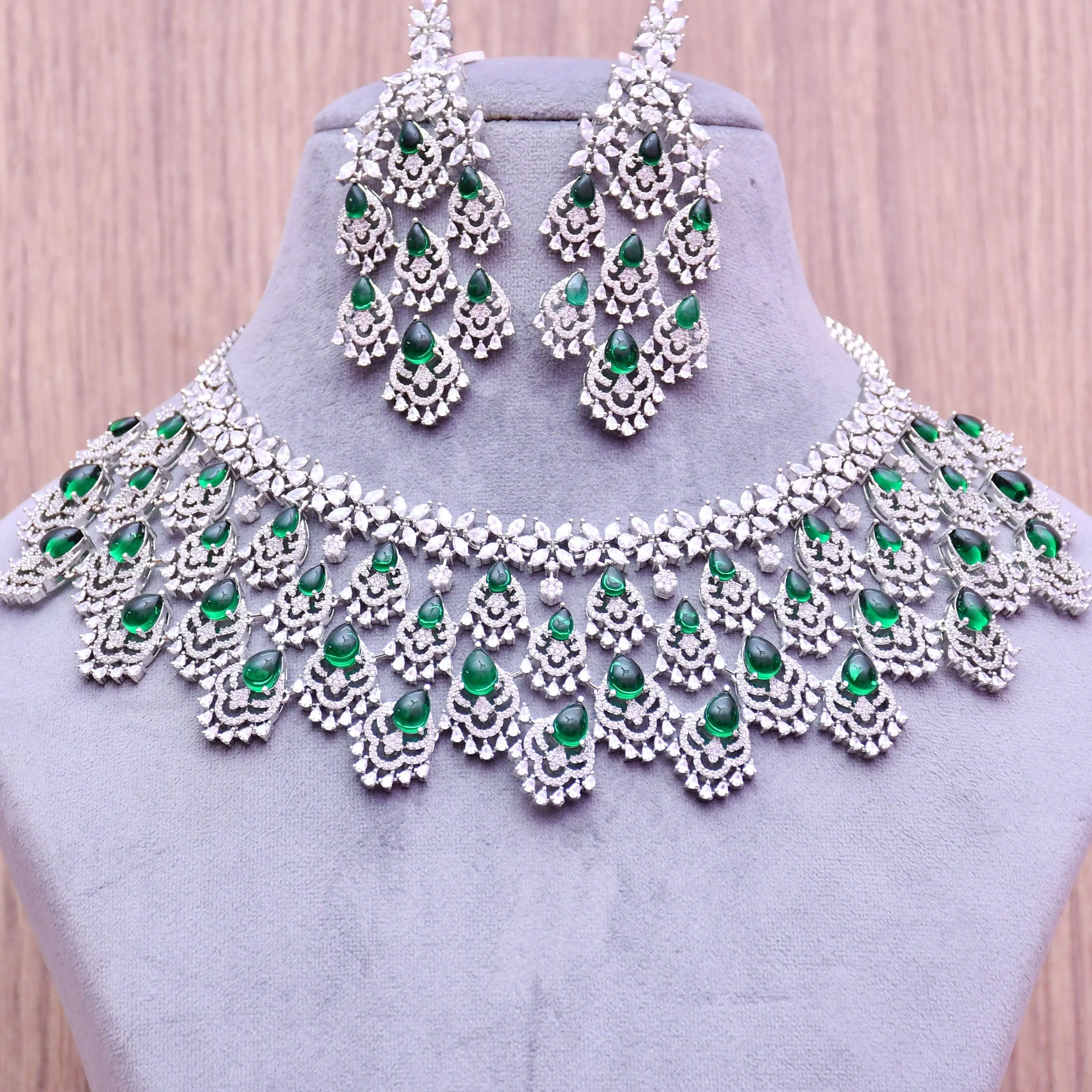 Designer Semi-Precious American Diamond & Emerald Necklace with Earrings (D669)