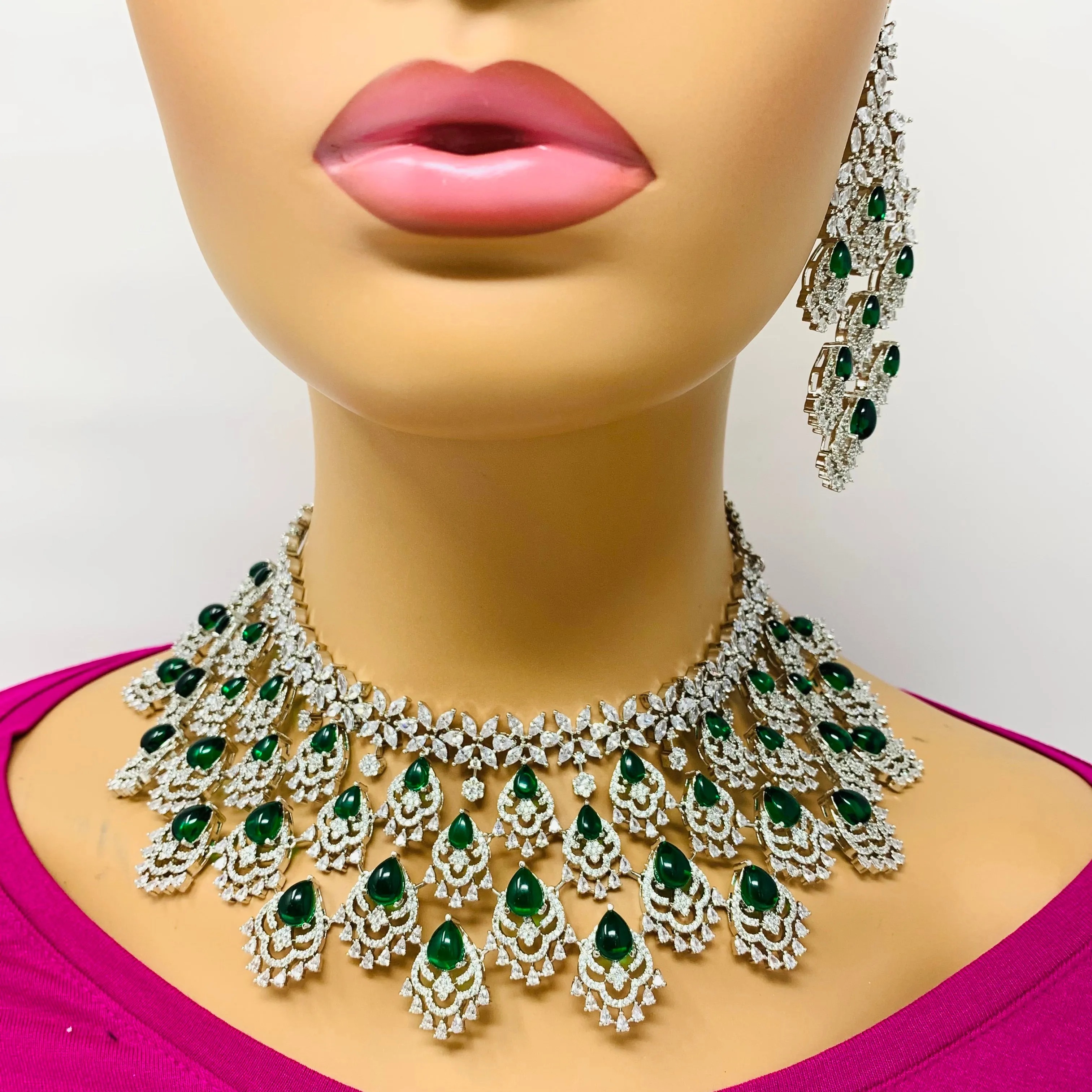 Designer Semi-Precious American Diamond & Emerald Necklace with Earrings (D669)