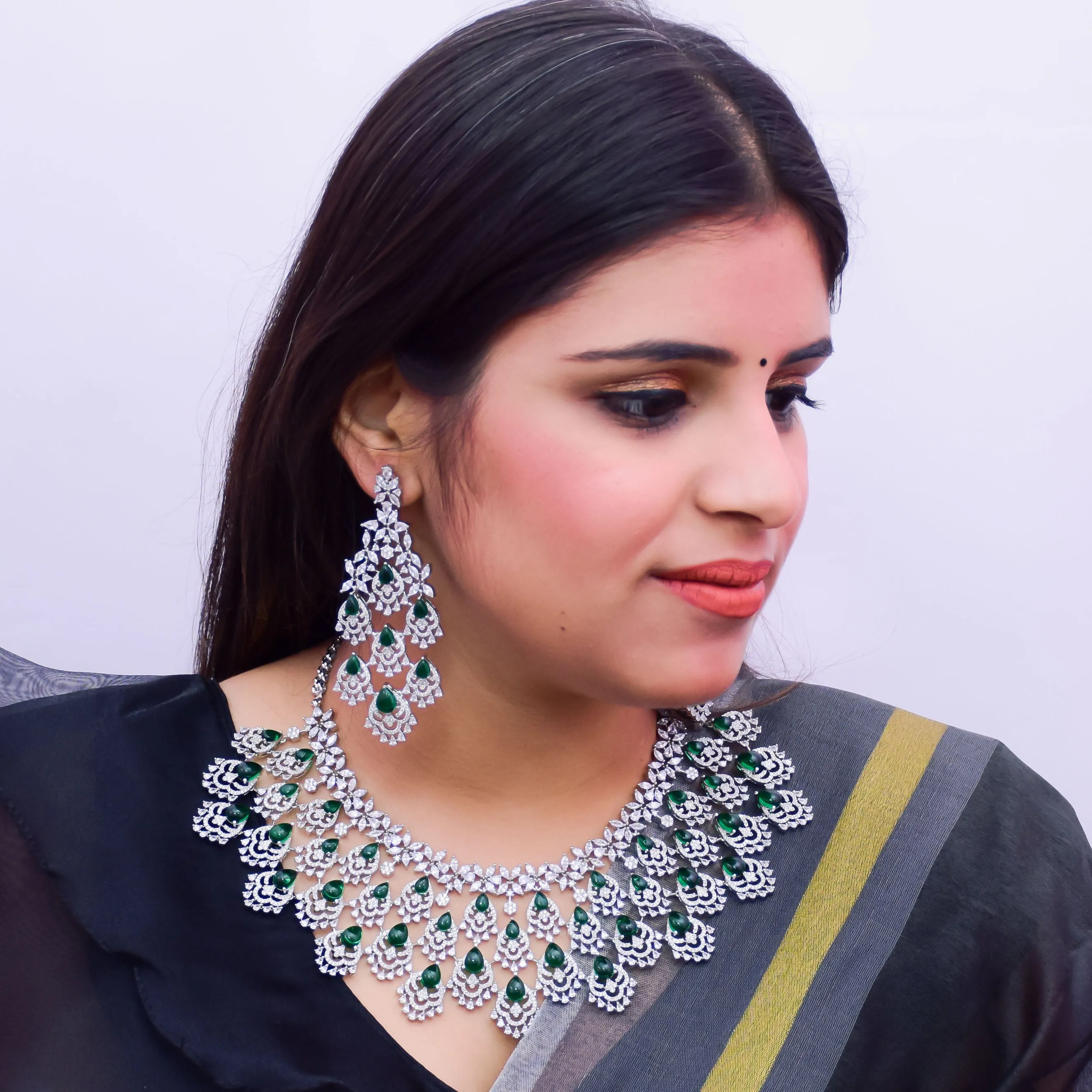 Designer Semi-Precious American Diamond & Emerald Necklace with Earrings (D669)
