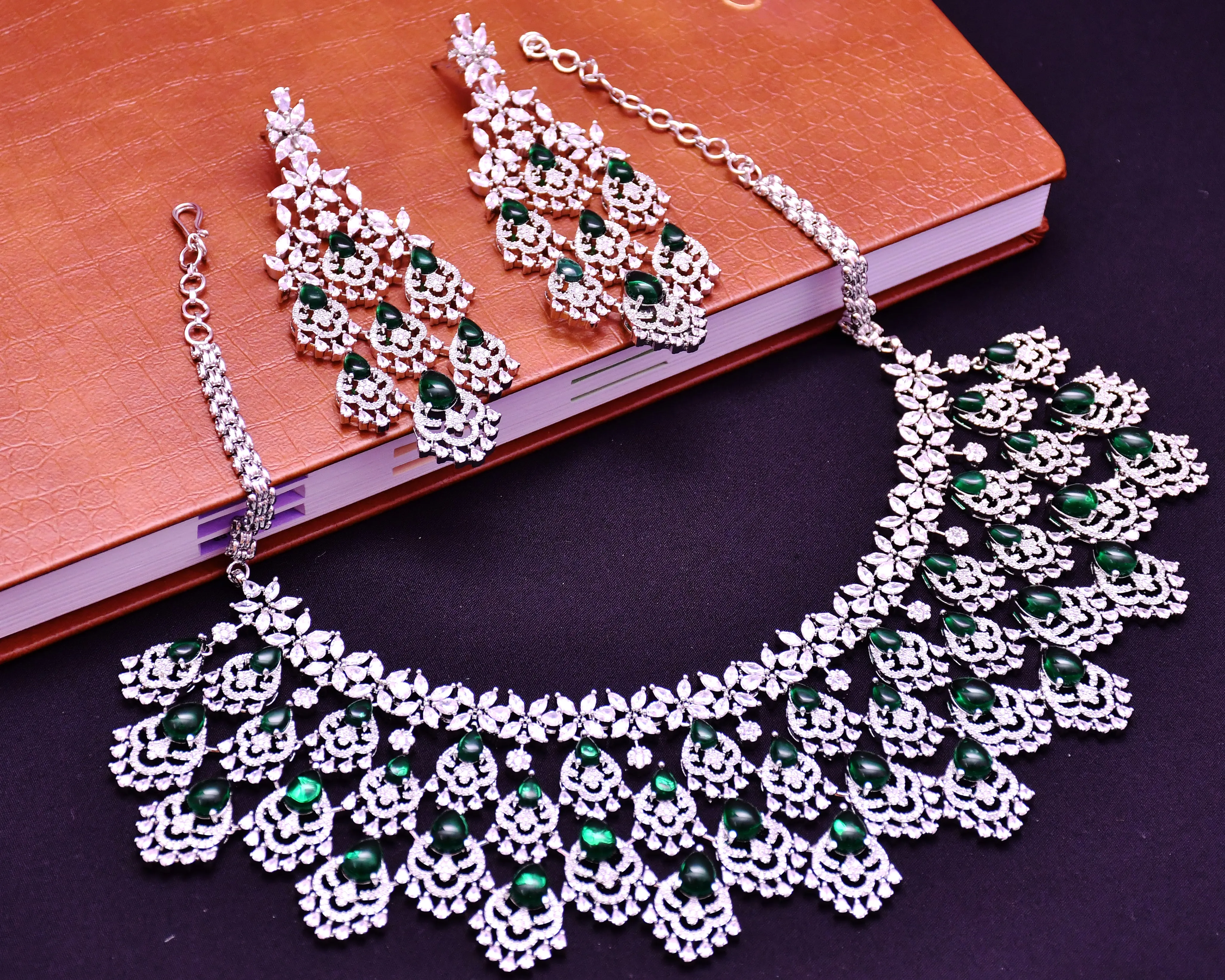 Designer Semi-Precious American Diamond & Emerald Necklace with Earrings (D669)