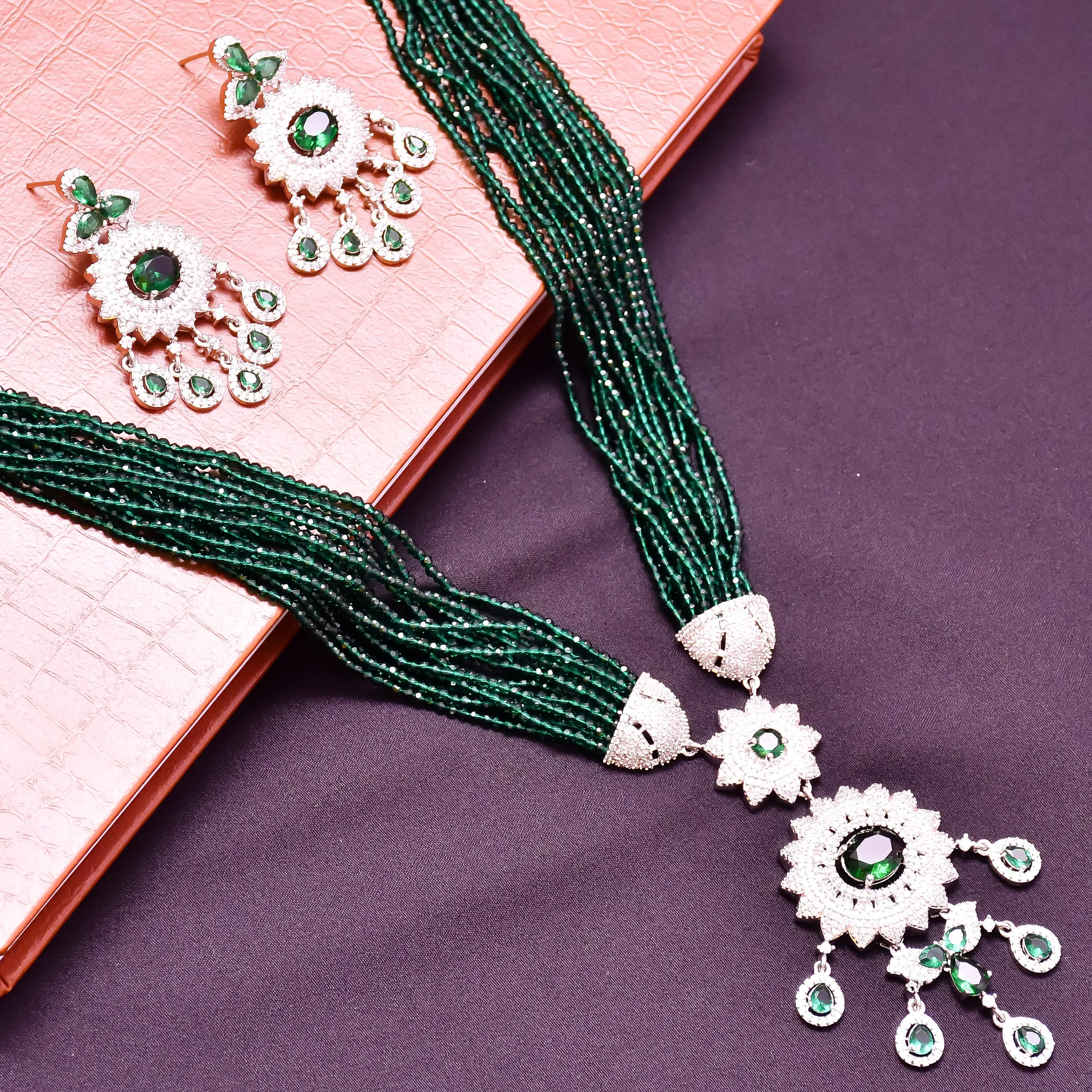 Designer Semi-Precious American Diamond Green Beads Necklace with Earrings (D620)