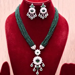 Designer Semi-Precious American Diamond Green Beads Necklace with Earrings (D620)