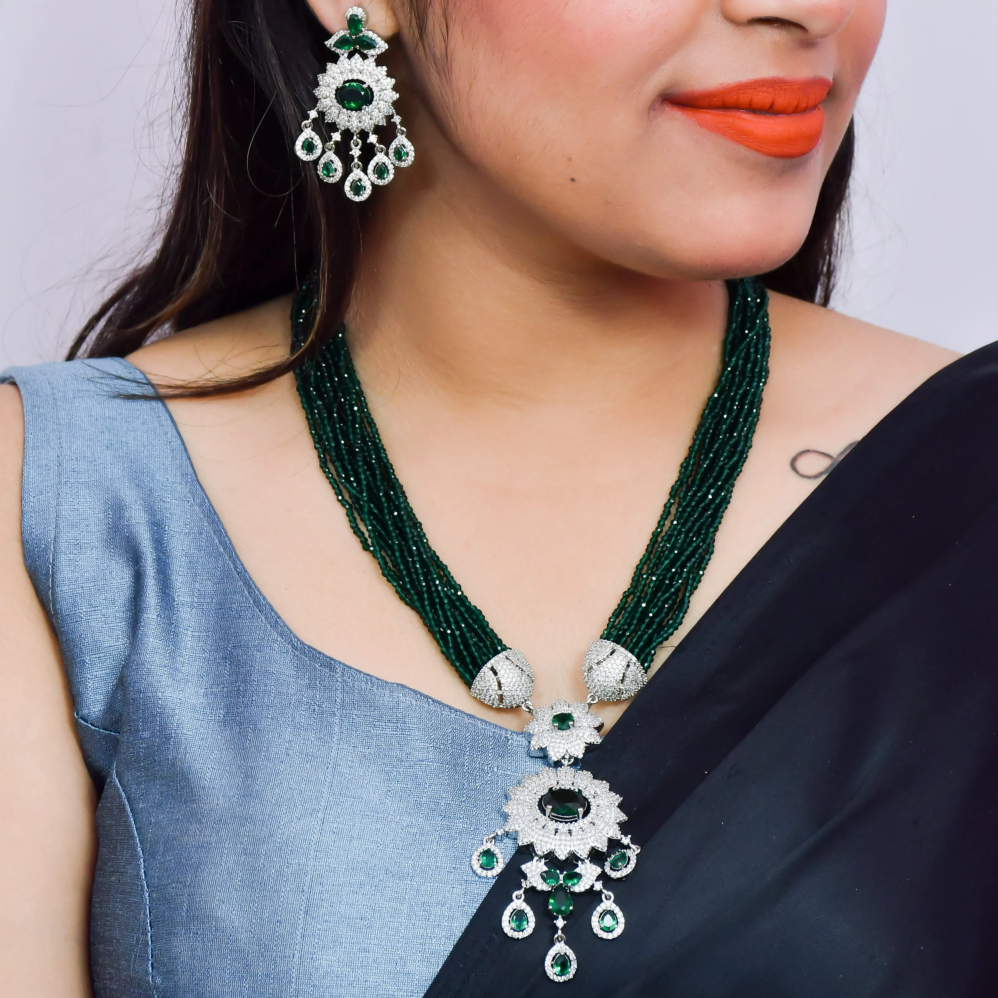 Designer Semi-Precious American Diamond Green Beads Necklace with Earrings (D620)