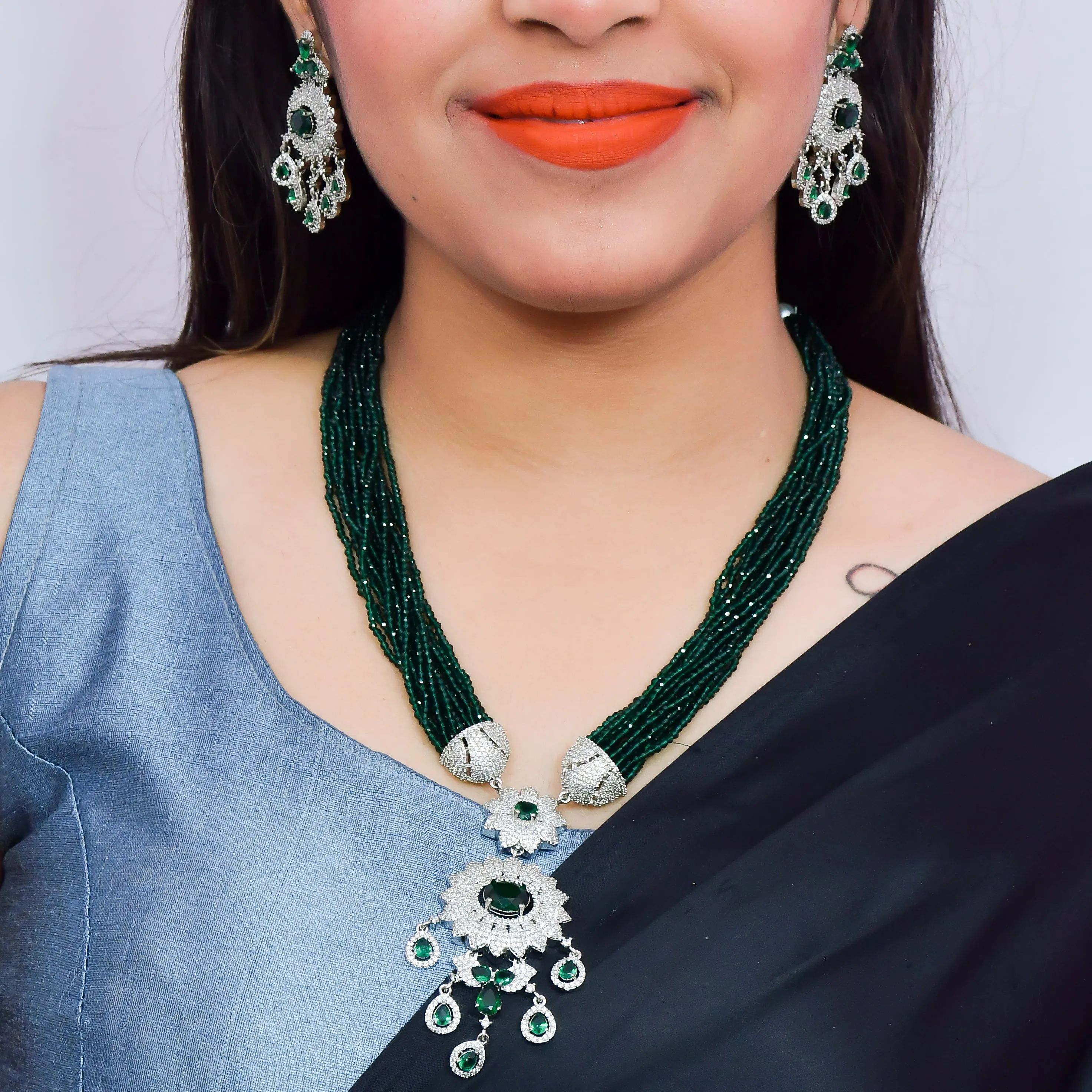 Designer Semi-Precious American Diamond Green Beads Necklace with Earrings (D620)