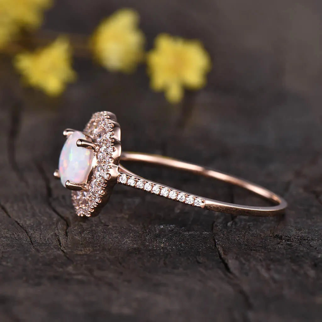 Double Halo Female Opal Engagement Ring Rose Gold Filigree Milgrain
