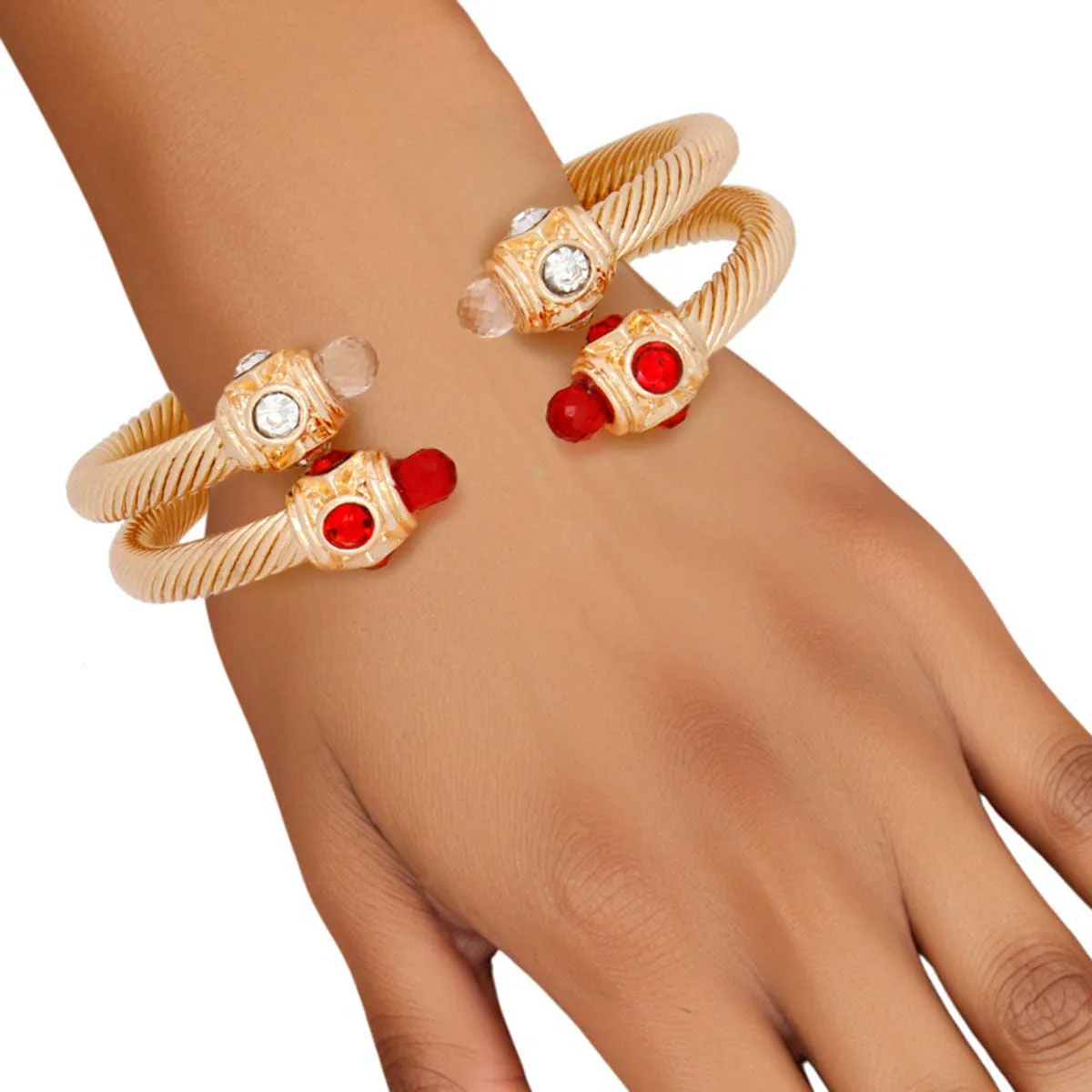 DST Red Clear Crystal Gold Cable Bangle Bracelets