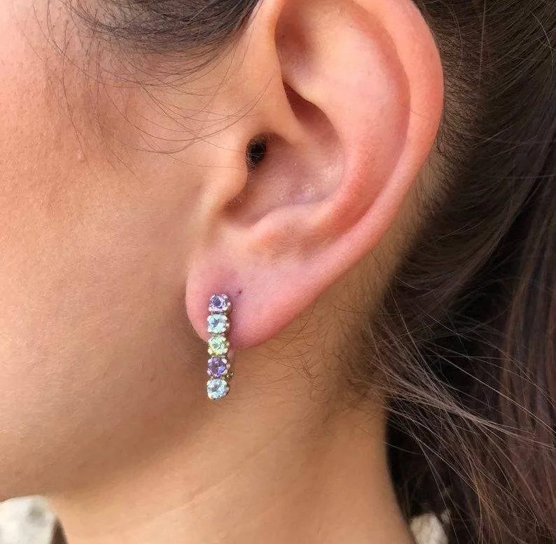 Emerald Drop Earrings - Multistone Earrings - Sapphire Vertical Earrings