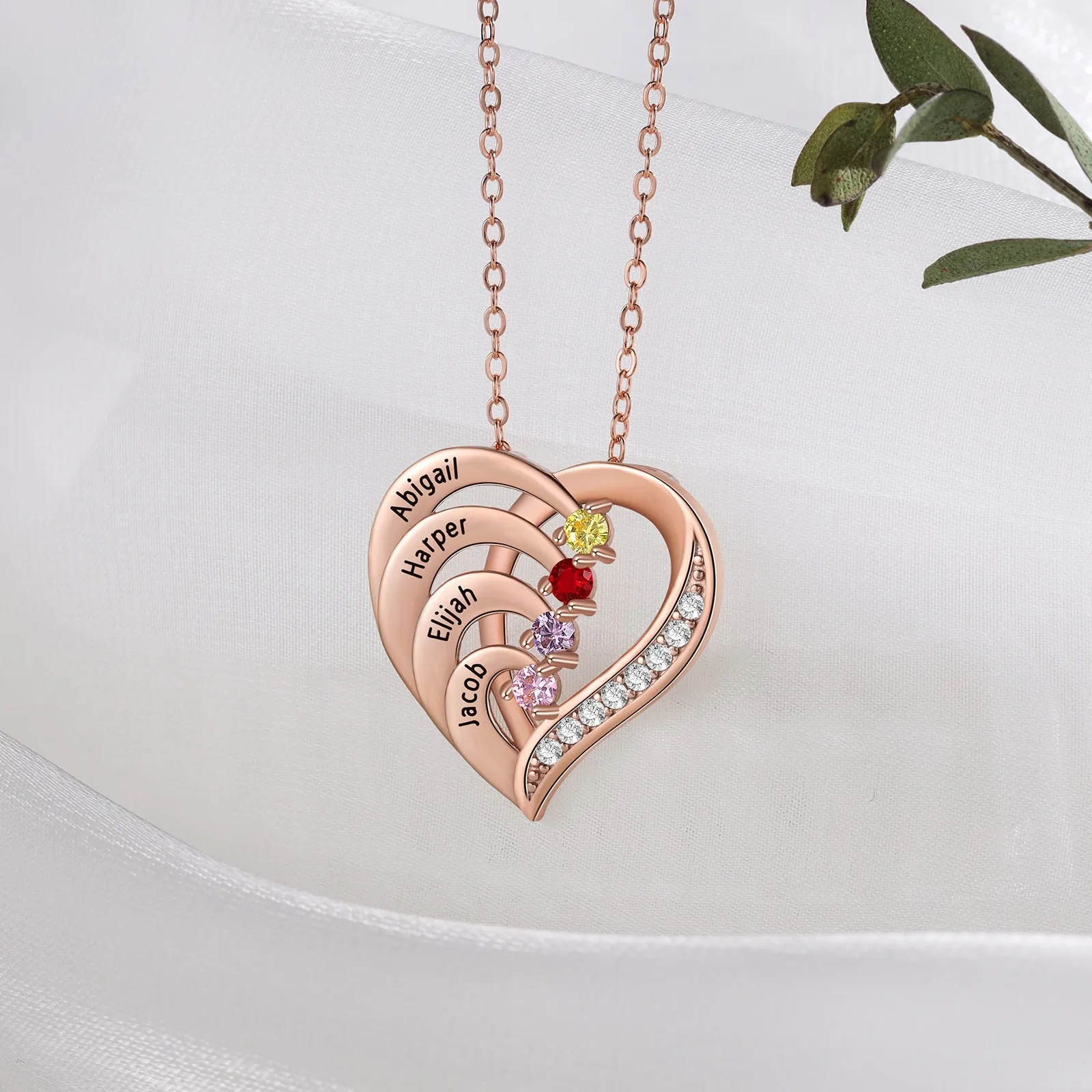 Family Name Heart Necklaces for Women Birthstone Engraving Necklace