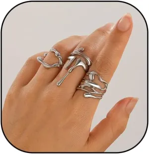 Gold Silver Liquid Stackable Rings Set Chunky Waterdrop Stacking Knuckle Finger Rings Lava Punk Hip Hop Statement Open Rings Jewelry for Women