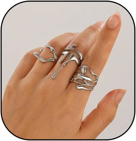 Gold Silver Liquid Stackable Rings Set Chunky Waterdrop Stacking Knuckle Finger Rings Lava Punk Hip Hop Statement Open Rings Jewelry for Women
