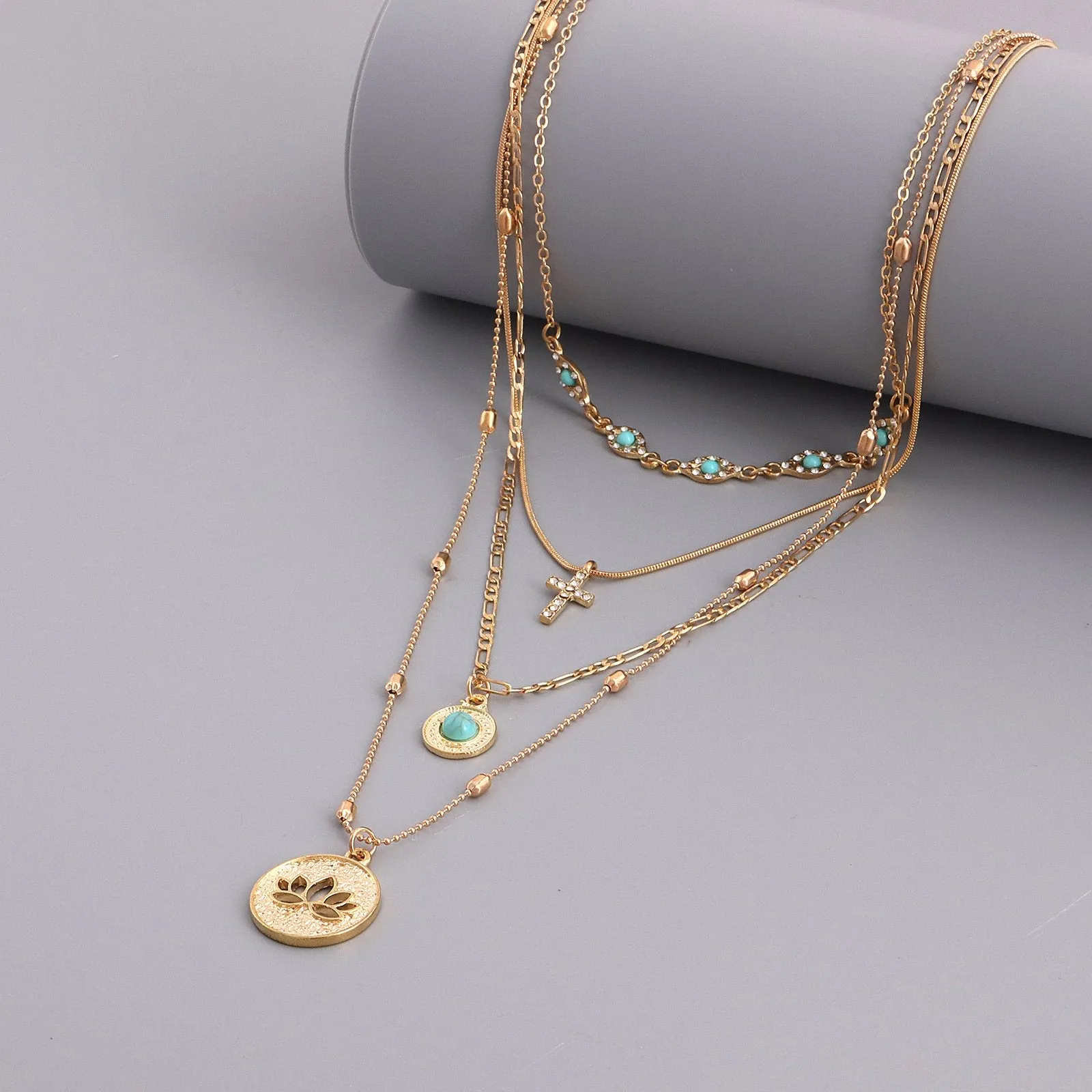 Hollow Flower Diamond Cross Pendant Necklace