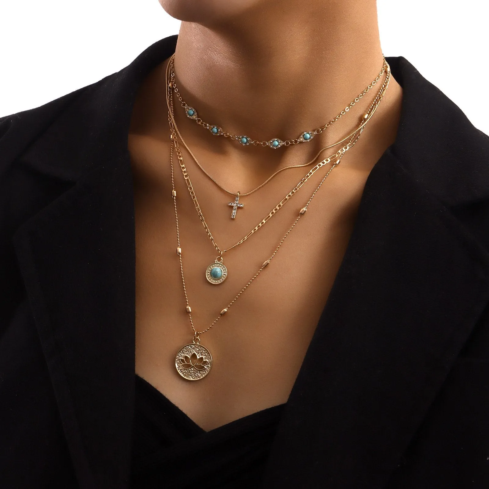 Hollow Flower Diamond Cross Pendant Necklace