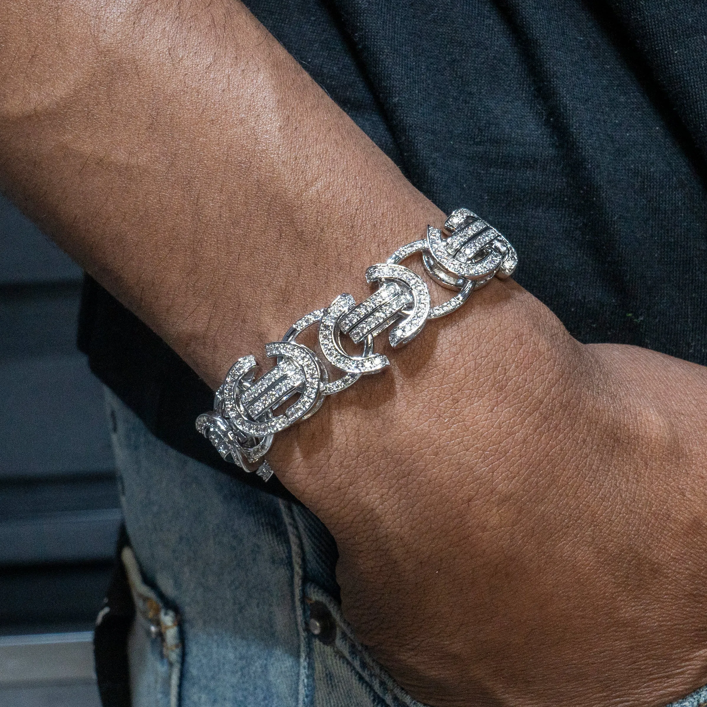 Mens White Gold Iced Out Flat Byzantine Bracelet