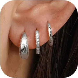 MILACOLATO 3 Pairs 925 Sterling Silver Earrings for Women, Dainty 14K Gold Plated Huggie Hoop Earrings Sets for Multiple Piercing, Hypoallergenic Cartilage Stud Hoop Earrings Stacks Trendy Jewelry Gifts for Women Mother