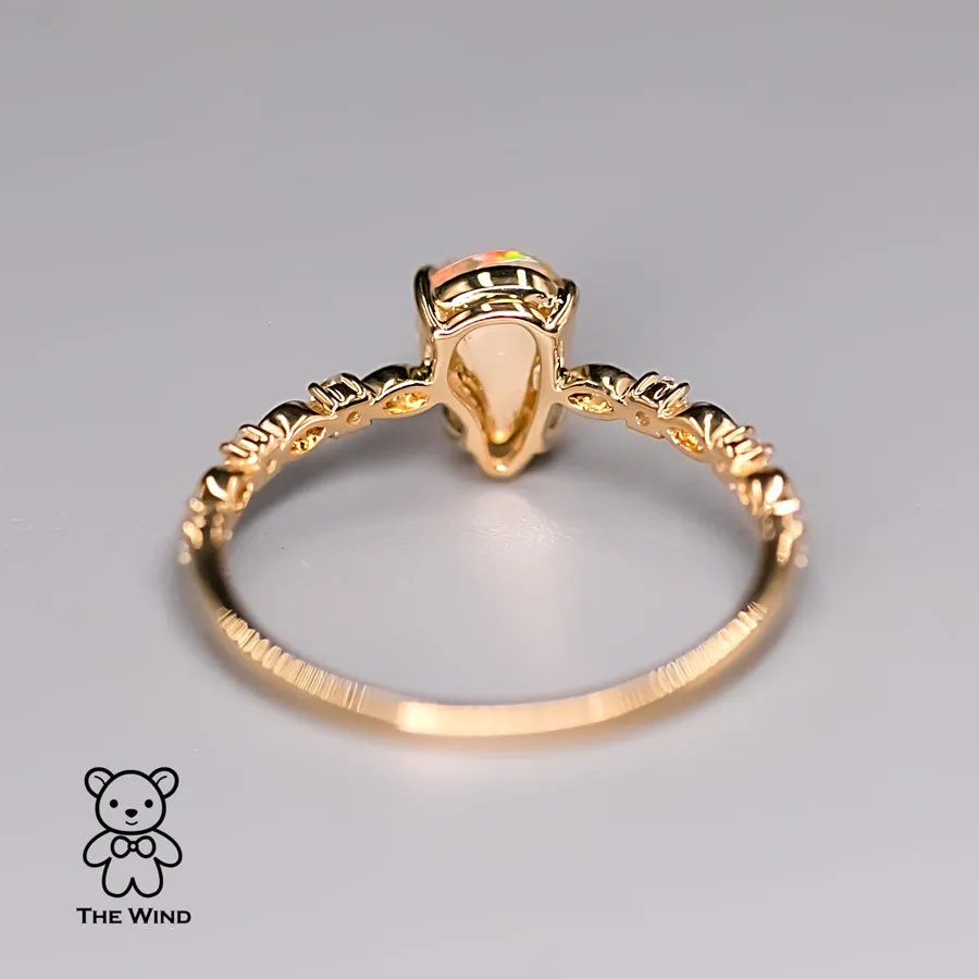Minimalist Mexican Fire Opal Diamond Engagement Ring 18K Yellow Gold