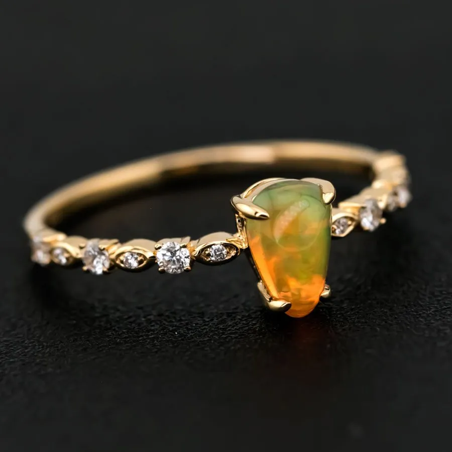 Minimalist Mexican Fire Opal Diamond Engagement Ring 18K Yellow Gold