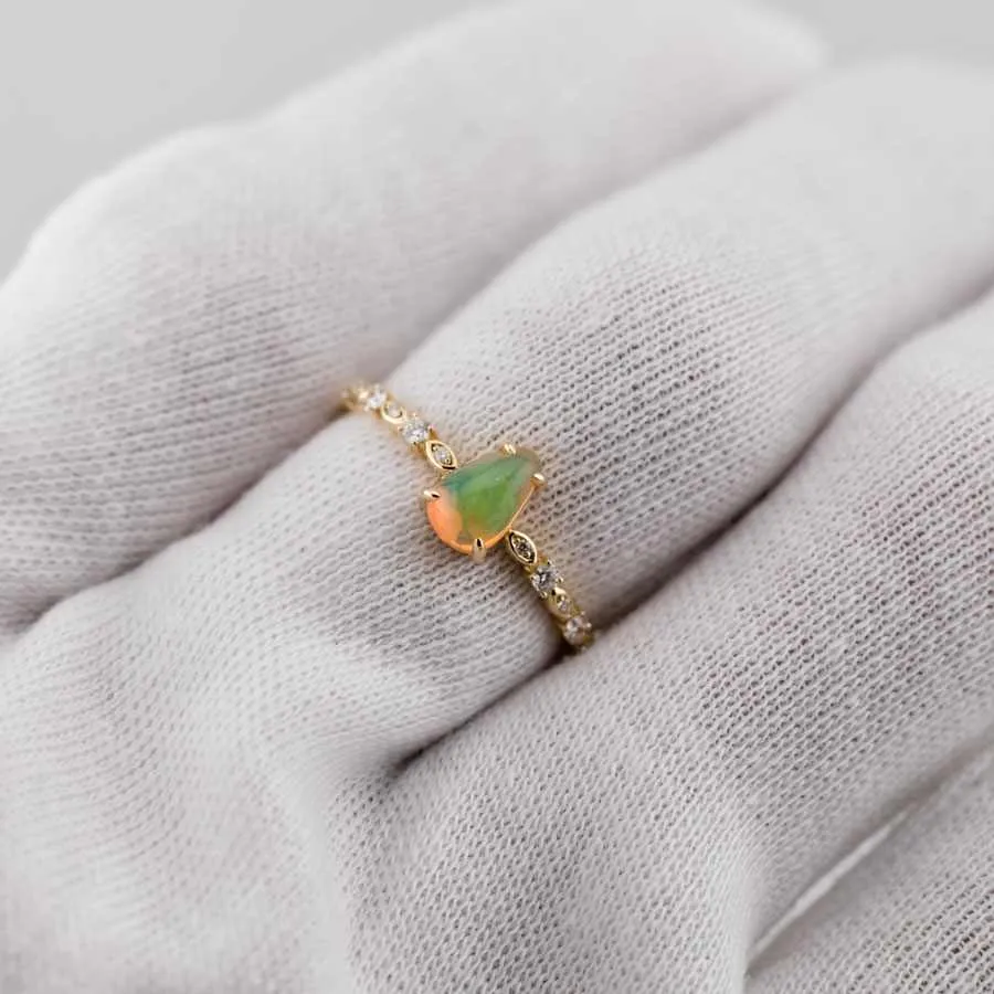Minimalist Mexican Fire Opal Diamond Engagement Ring 18K Yellow Gold