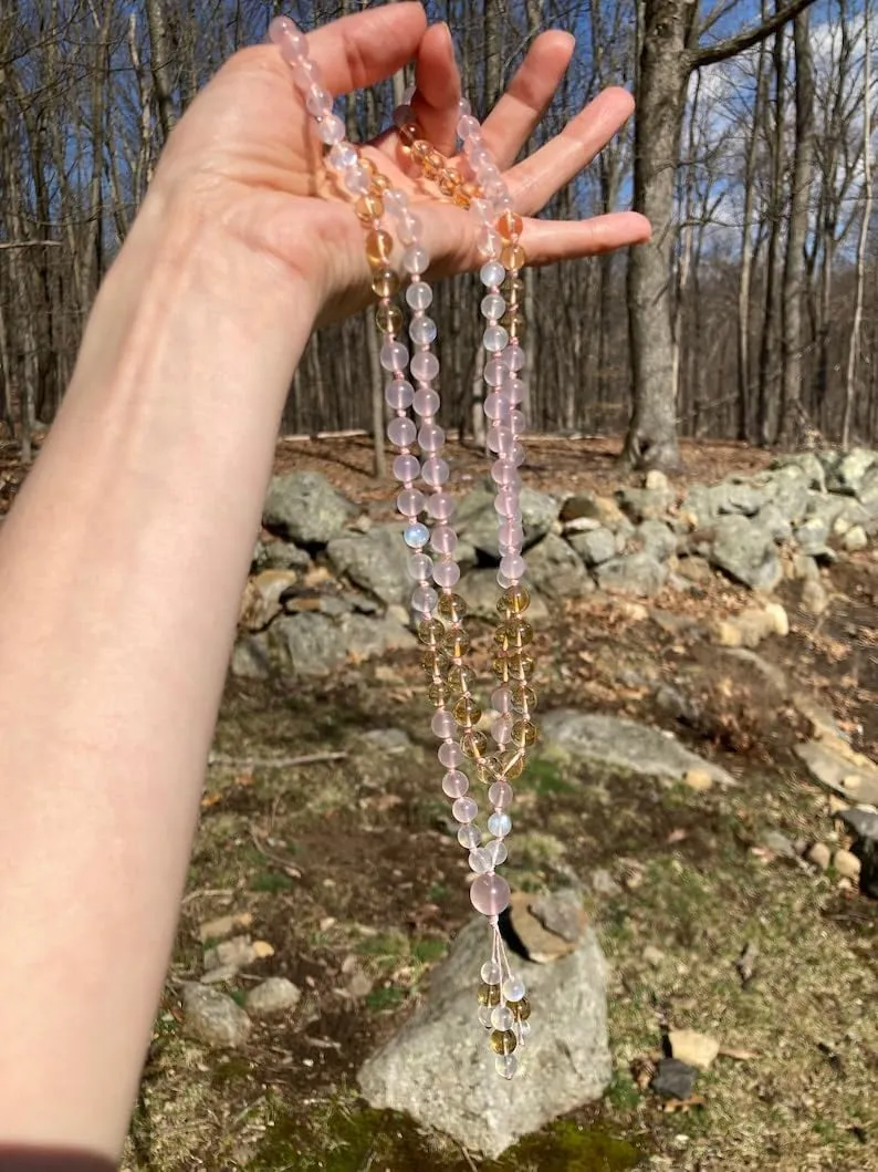 Natural Blue Moonstone Citrine Asterism Rose Quartz 8mm 108 Mala Beads, Spiritual, Meditation Beads, Reiki, Japa Mala, Buddhist Prayer Beads, Yoga Bracelet, healing beads LKMALA-RRGU-3040