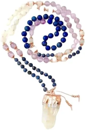 Natural Blue Sapphire Amethyst Moonstone and Blue Lapis 8mm 108 Mala Beads, Spiritual, Meditation Beads, Reiki, Japa Mala, Buddhist Prayer Beads, Yoga Bracelet, healing beads LKMALA-RRGU-2145