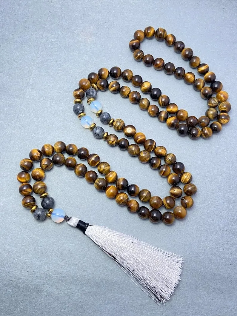 Natural Larvikite, Opalite & Tiger's Eye 8mm 108 Mala Beads, Spiritual, Meditation Beads, Reiki, Japa Mala, Buddhist Prayer Beads, Yoga Bracelet, healing beads LKMALA-RRGU-3640