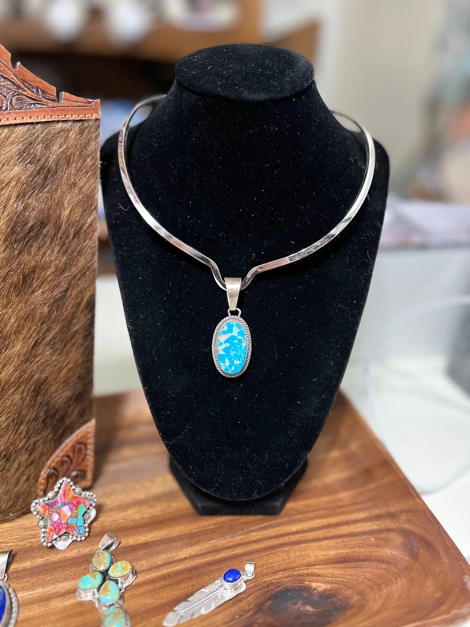 Navajo Handmade Blue Ridge Genuine Turquoise on Sterling Silver Pendant - Artist Betta Lee