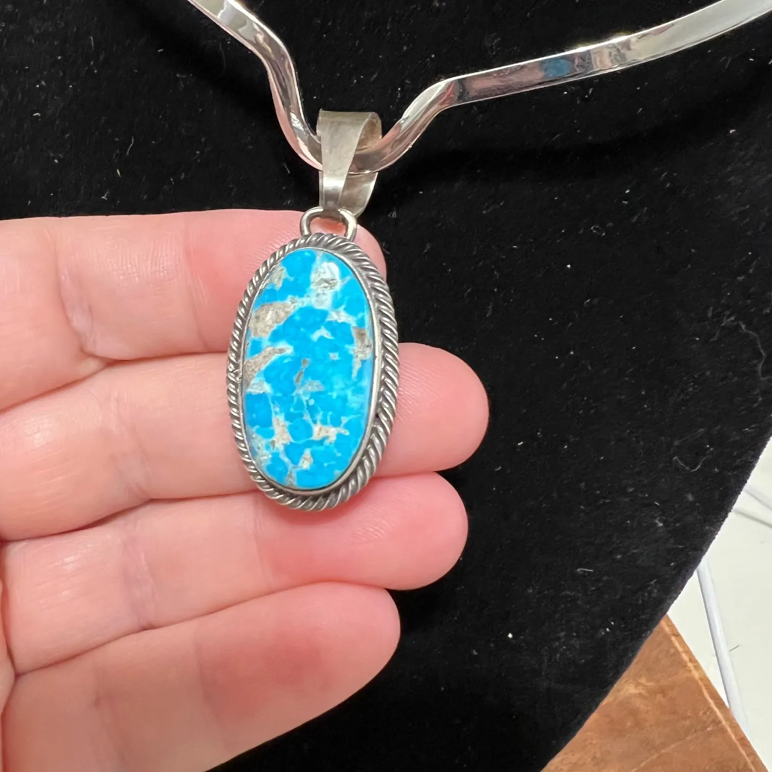 Navajo Handmade Blue Ridge Genuine Turquoise on Sterling Silver Pendant - Artist Betta Lee