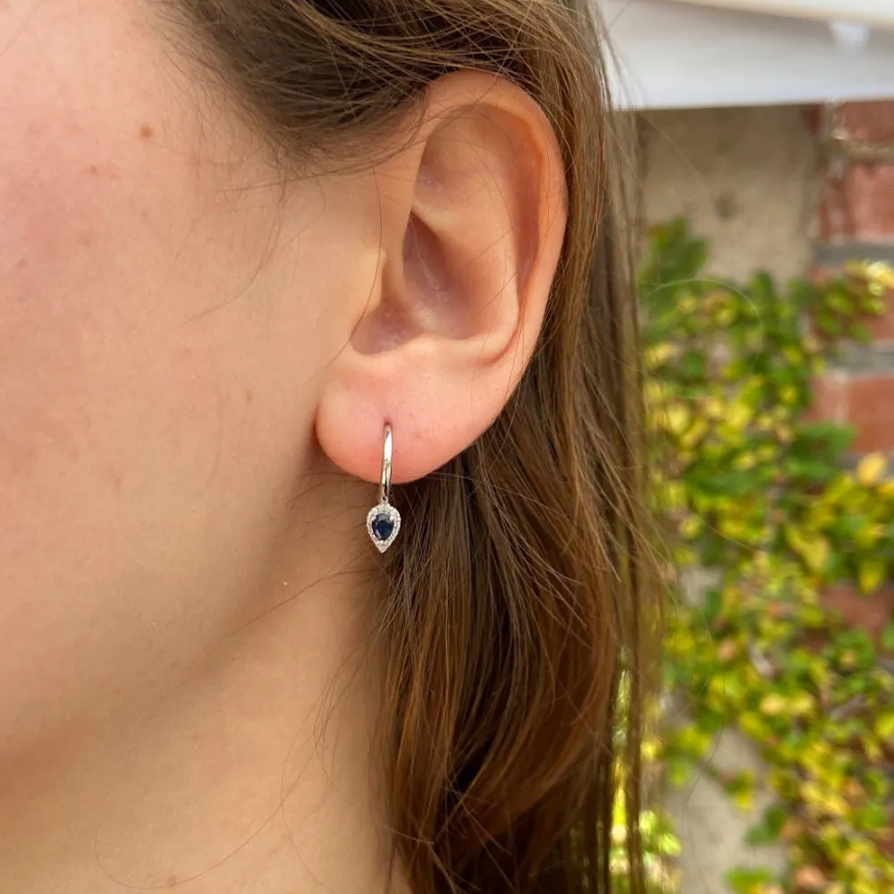 Pear Sapphire Diamond Halo Huggies