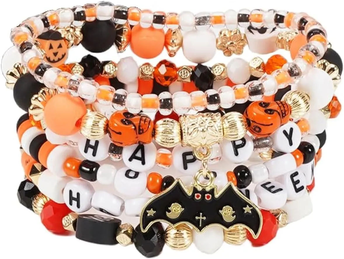 Pingyongchang Halloween Beads Bracelets Set Multi Layered Bat Pumpkin Spider Skull Ghost Charm Bracelet for Women Men Acrylic Stackable Costumes Stretch Bracelet Friendship Holiday Party Gifts