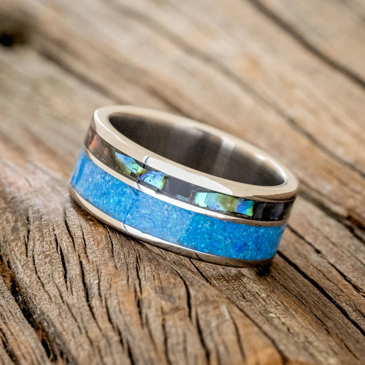 "RAPTOR" - PAUA SHELL & BLUE OPAL WEDDING BAND - TITANIUM - SIZE 11 1/2