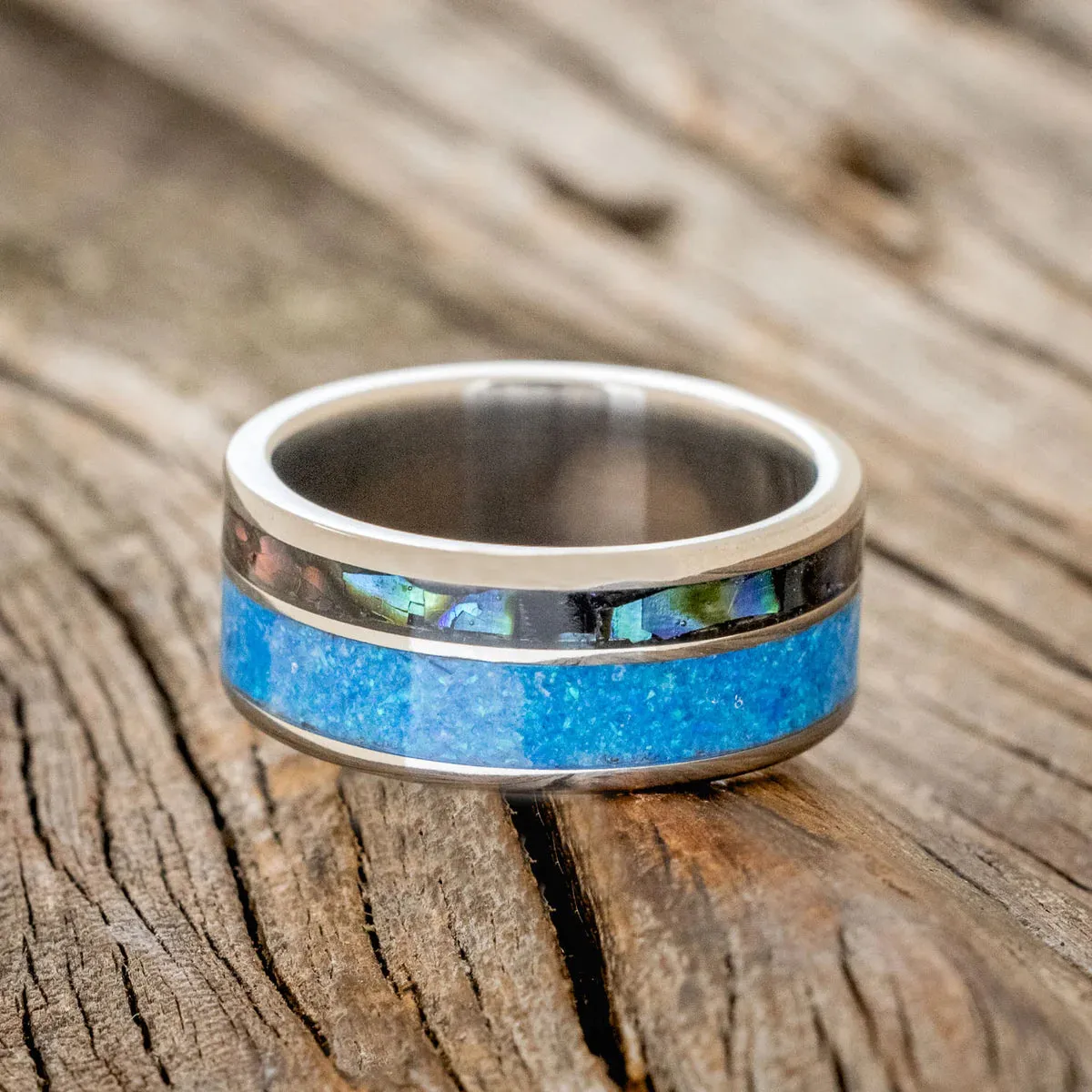 "RAPTOR" - PAUA SHELL & BLUE OPAL WEDDING BAND - TITANIUM - SIZE 11 1/2